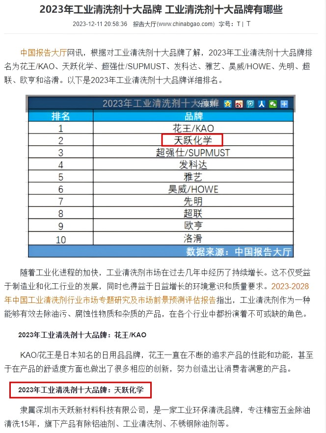 2023 年工业清洗剂十大品牌